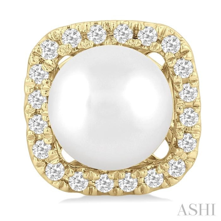 5 MM Cushion-Shaped Cultured Pearl and 1/8 Ctw Petite Round Cut Diamond Halo Stud Earring in 10K Yellow Gold