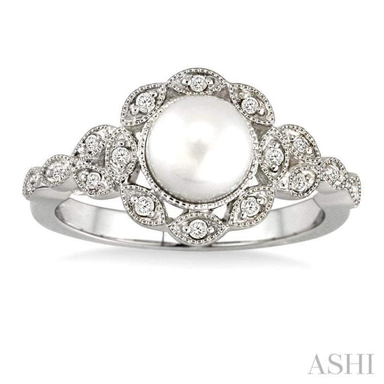 6.5 MM Cultured Pearl and 1/8 Ctw Round Cut Diamond Ring in 14K White Gold