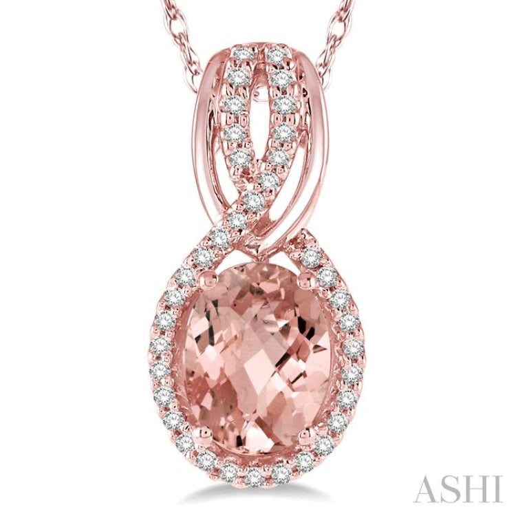 8x6 MM Oval Cut Morganite and 1/6 Ctw Round Cut Diamond Entwined Semi-Precious Pendant in 14K Rose Gold with chain