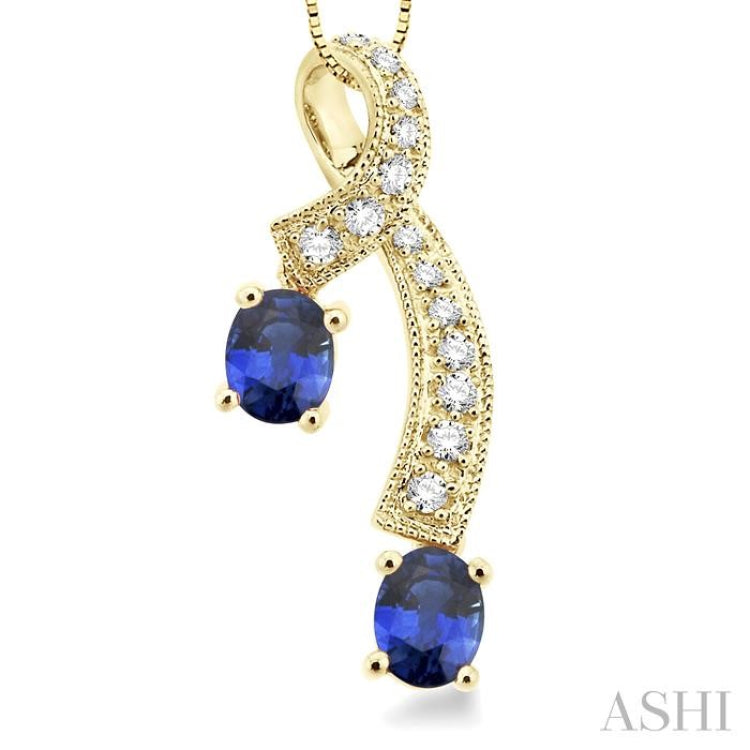 5x4 MM Oval Cut Sapphire and 1/6 Ctw Round Cut Diamond Precious Pendant in 14K Yellow Gold with Chain