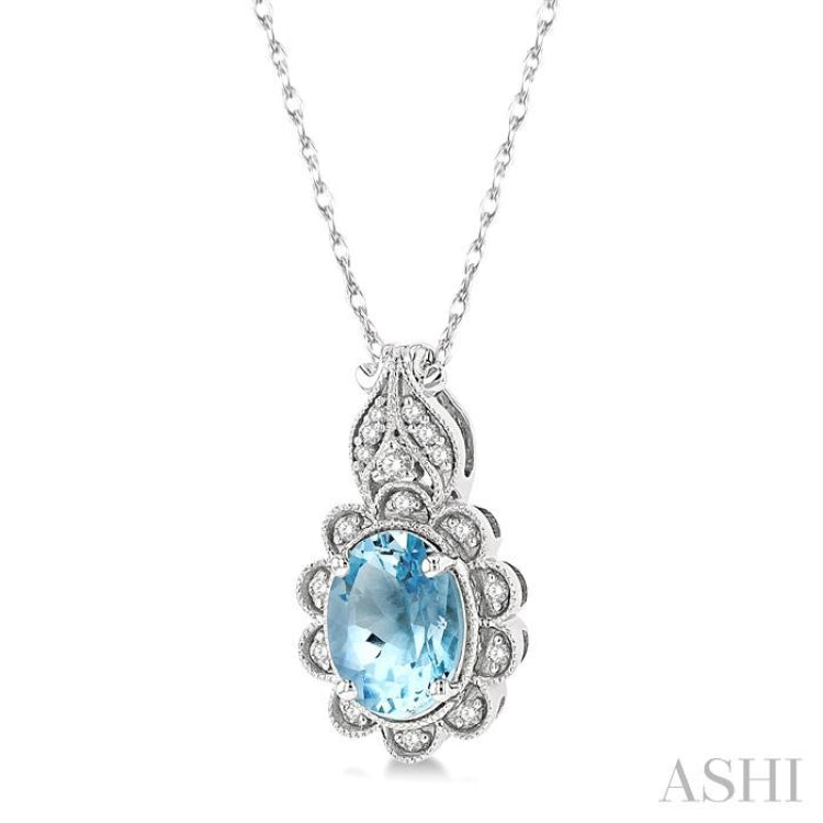 8x6 MM Floral Oval Cut Aquamarine and 1/10 Ctw Round Cut Diamond Semi-Precious Pendant With Chain in 10K White Gold