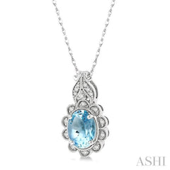 8x6 MM Floral Oval Cut Aquamarine and 1/10 Ctw Round Cut Diamond Semi-Precious Pendant With Chain in 10K White Gold