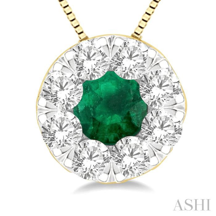 3.8 MM Emerald and 1/3 Ctw Round Cut Lovebright Diamond Precious Pendant With Chain in 14K Yellow and White Gold