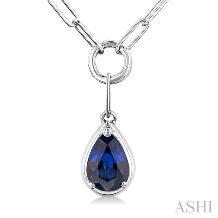 6x4 MM Pear Cut Sapphire Solitaire Precious Paperclip Pendant With Chain in 10K White Gold