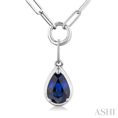 6x4 MM Pear Cut Sapphire Solitaire Precious Paperclip Pendant With Chain in 10K White Gold