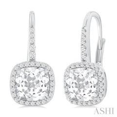 7X7 MM Cushion Cut White Topaz and 1/4 Ctw Round Cut Diamond Halo Semi-Precious Earring in 14K White Gold