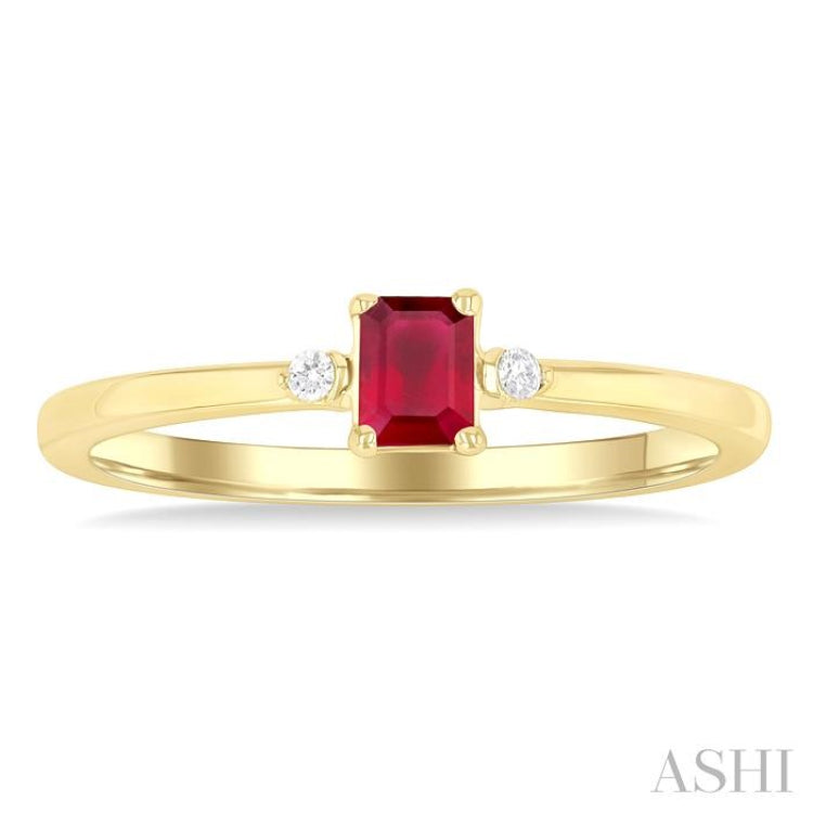 4x3 MM Octagon Shape Ruby and 1/50 Ctw Petite Round Cut Diamond Fashion Ring in 10K Yellow Gold