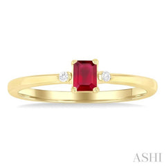 4x3 MM Octagon Shape Ruby and 1/50 Ctw Petite Round Cut Diamond Fashion Ring in 10K Yellow Gold