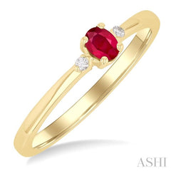 4x3 MM Oval Shape Ruby and 1/50 Ctw Petite Round Cut Diamond Fashion Ring in 10K Yellow Gold