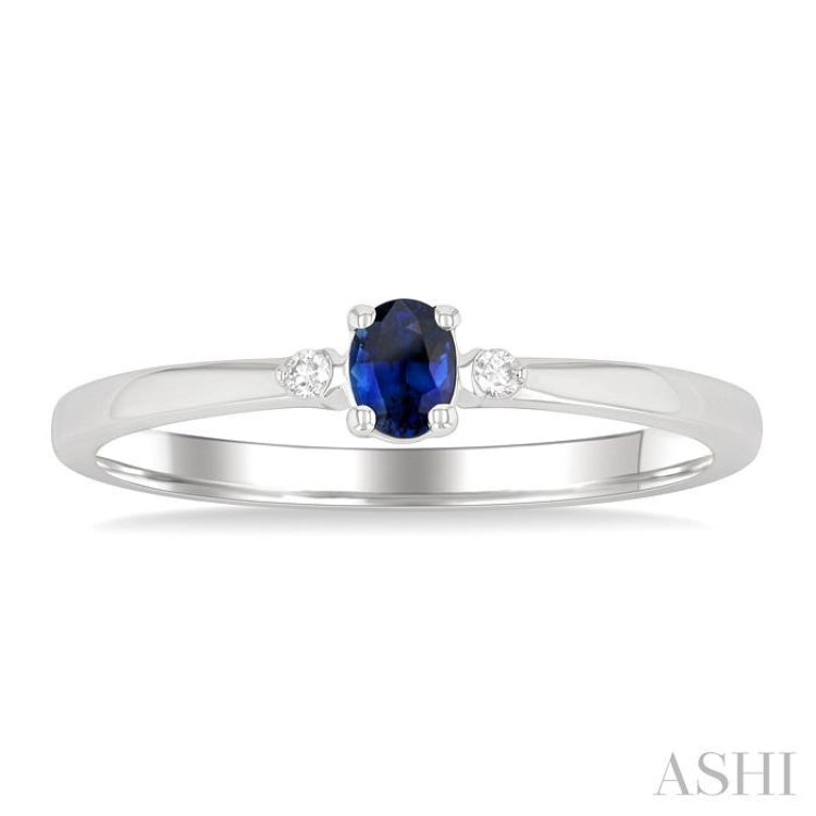 4x3 MM Oval Shape Sapphire and 1/50 Ctw Petite Round Cut Diamond Fashion Ring in 10K White Gold