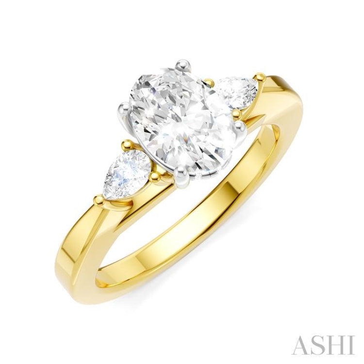 1/4 Ctw Tri-Mount Oval Shape Center Pear and Round Cut Diamond Semi-Mount Engagement Ring in 14K Yellow and White Gold