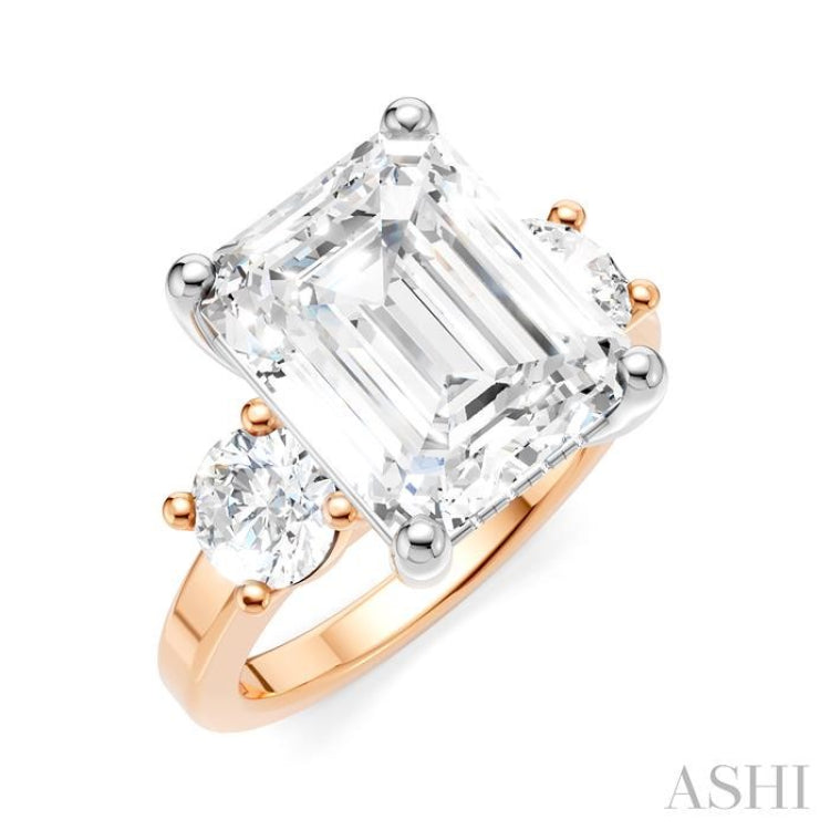 1 1/10 Ctw Tri-Mount Emerald Shape Center Round Cut Diamond Semi-Mount Engagement Ring in 14K Rose and White Gold