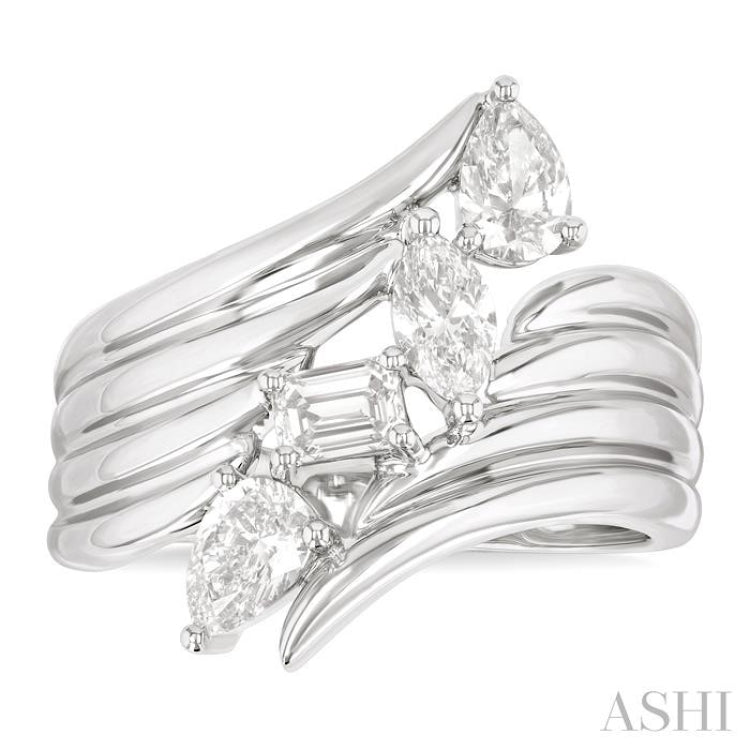 1 Ctw Open Bypass Ribbed Shank Mixed Diamond Cut Fashion Ring in 14K White Gold