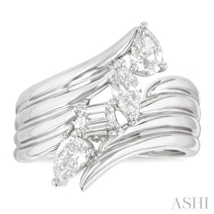 1 Ctw Open Bypass Ribbed Shank Mixed Diamond Cut Fashion Ring in 14K White Gold