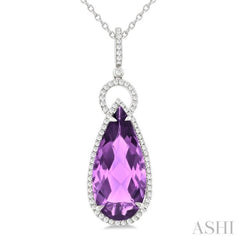 22X10 MM Pear Cut Amethyst and 1/3 Ctw Round Cut Diamond Halo Semi-Precious Pendant With Chain in 14K White Gold