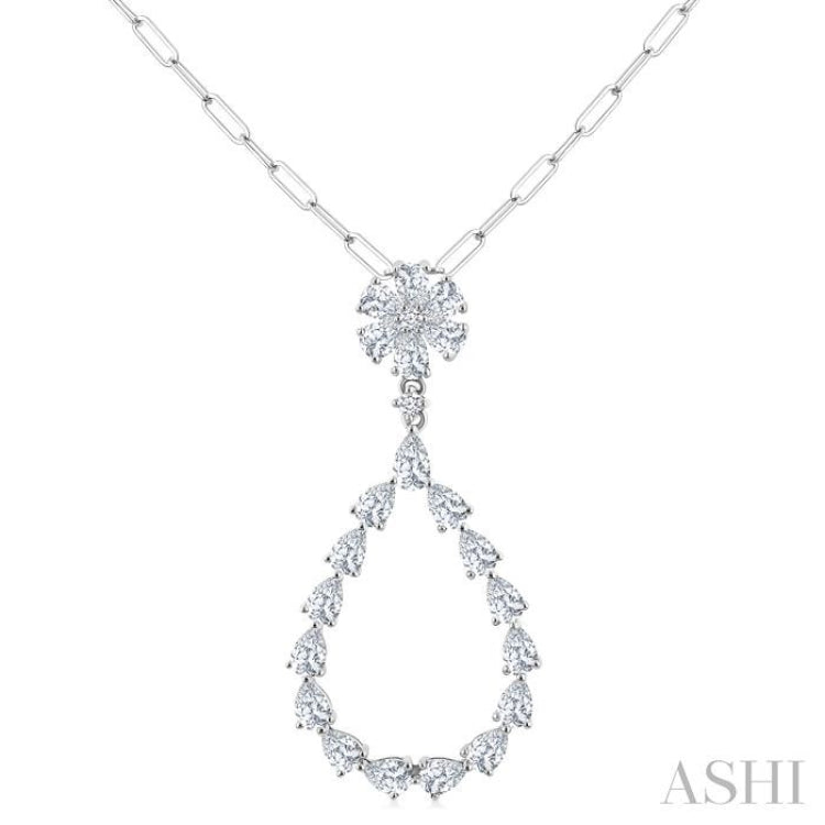 1 7/8 Ctw Floral Open Window Pear and Round Cut Diamond Dangle Fashion Pendant With Chain in 14K White Gold