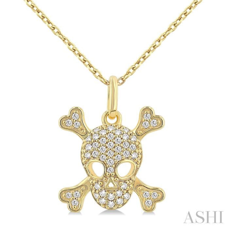1/6 Ctw Petite Skull Single Cut Diamond Fashion Pendant With Chain in 10K Yellow Gold