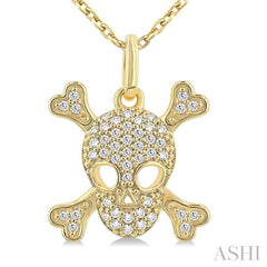 1/6 Ctw Petite Skull Single Cut Diamond Fashion Pendant With Chain in 10K Yellow Gold