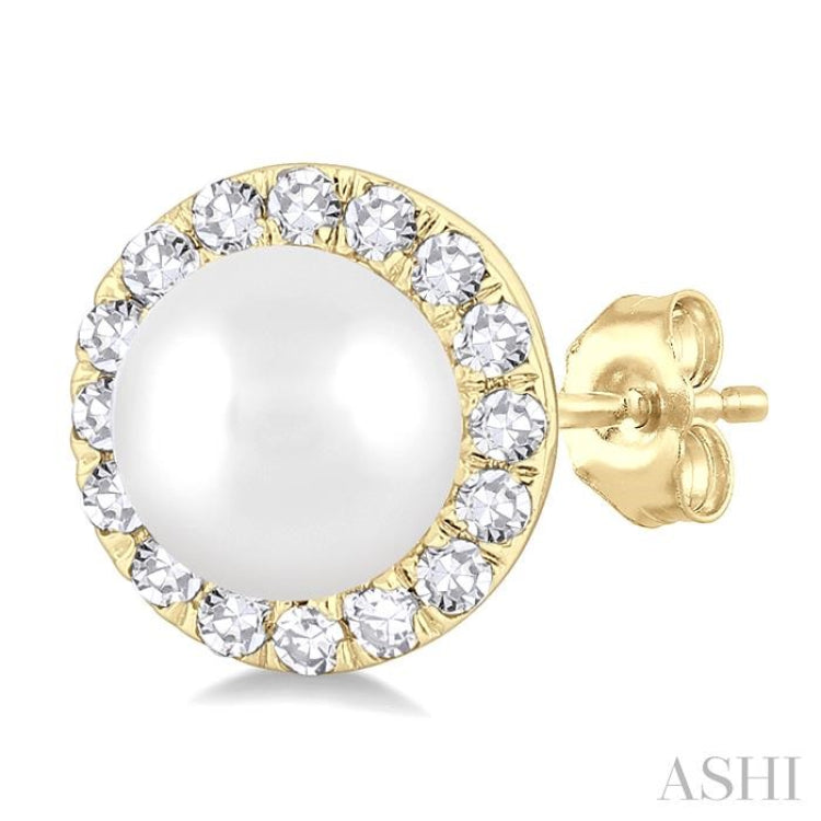 4.5 MM White Cultured Pearl and 1/8 Ctw Round Cut Diamond Halo Stud Earrings in 10K Yellow Gold