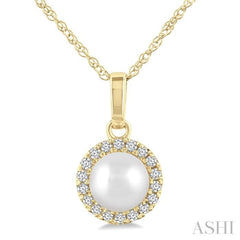 5 MM Cultured White Pearl and 1/20 Ctw Single Cut Diamond Halo Pendant With Chain in 14K Yellow Gold