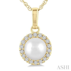5 MM Cultured White Pearl and 1/20 Ctw Single Cut Diamond Halo Pendant With Chain in 14K Yellow Gold