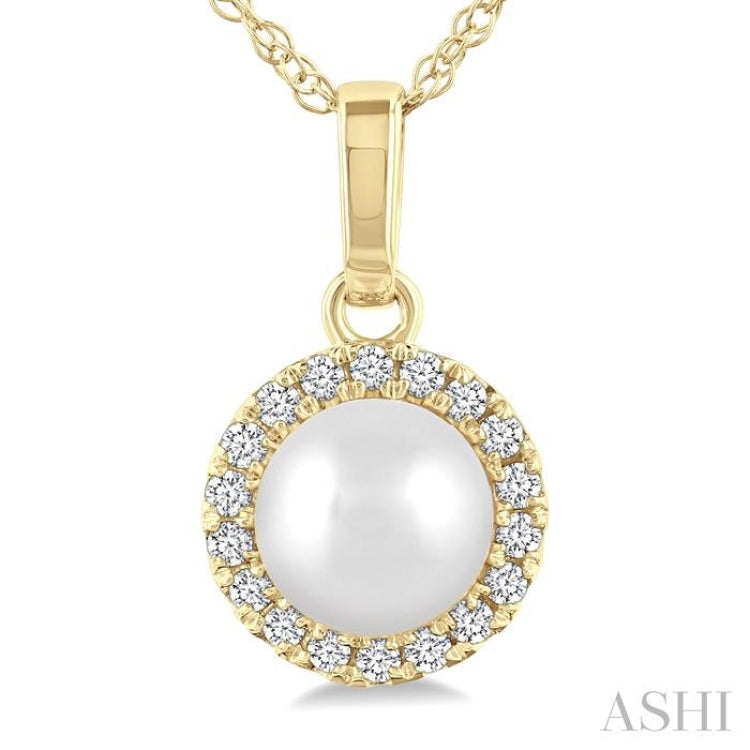 5 MM White Cultured Pearl and 1/20 Ctw Single Cut Diamond Halo Pendant With Chain in 10K Yellow Gold