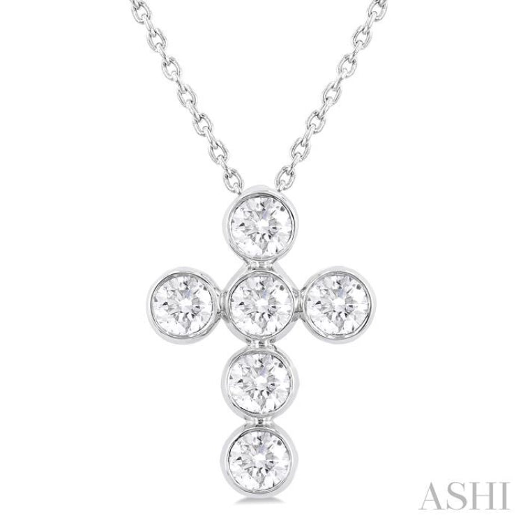 1 Ctw Round Cut Diamond 6-Stone Bezel Set Cross Pendant With Chain in 14K White Gold