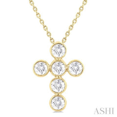 1 Ctw Round Cut Diamond 6-Stone Bezel Set Cross Pendant With Chain in 14K Yellow Gold