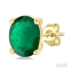 4X3 MM Oval Shape Emerald Precious Stud Earrings in 14K Yellow Gold