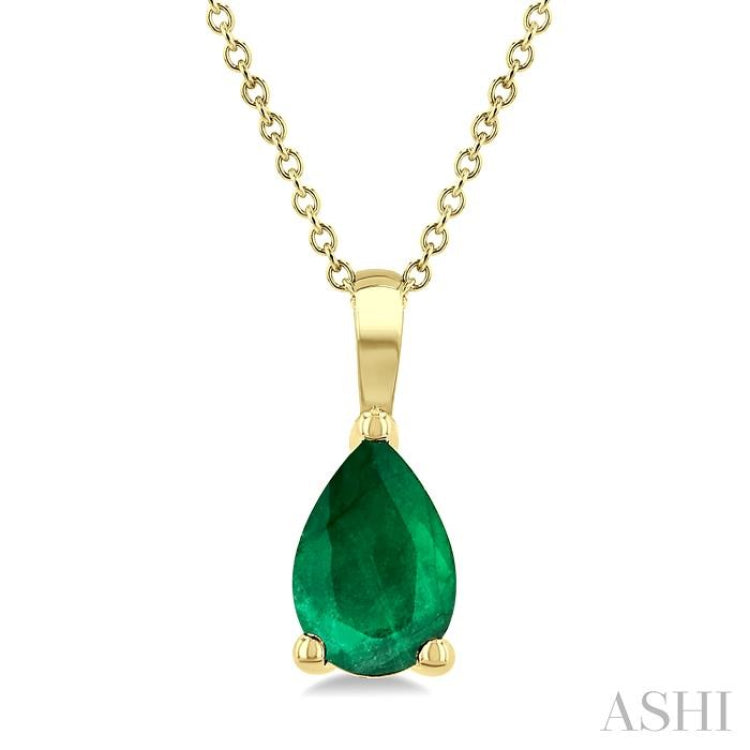 6X4 MM Pear Shape Emerald Precious Solitaire Pendant With Chain in 14K Yellow Gold