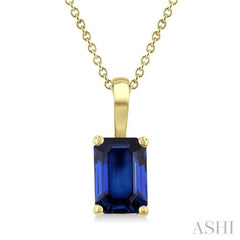 6X4 MM Octagon Shape Sapphire Precious Solitaire Pendant With Chain in 14K Yellow Gold