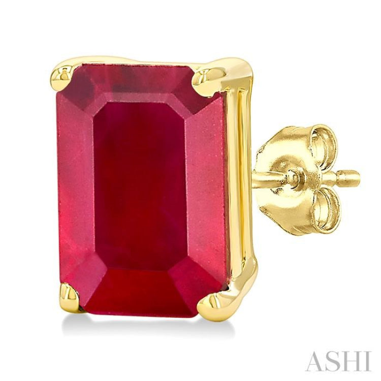 6X4 MM Octagon Shape Ruby Precious Gemstone Stud Earrings in 14K Yellow Gold