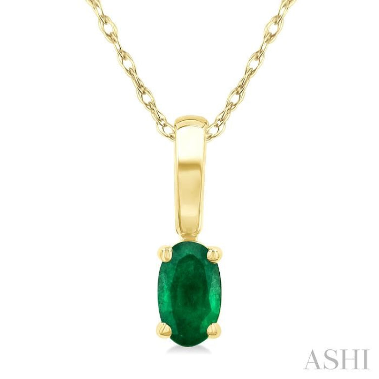 5X3 MM Oval Shape Emerald Precious Solitaire Pendant With Chain in 14K Yellow Gold