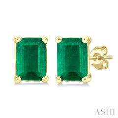 4X3 MM Octagon Shape Emerald Precious Stud Earrings in 14K Yellow Gold