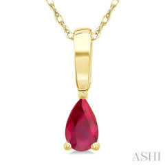 5X3 MM Pear Shape Ruby Precious Solitaire Pendant With Chain in 14K Yellow Gold