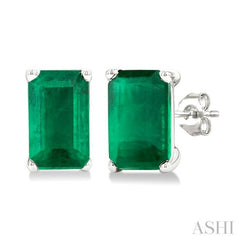 5X3 MM Octagon Shape Emerald Precious Stud Earrings in 14K White Gold