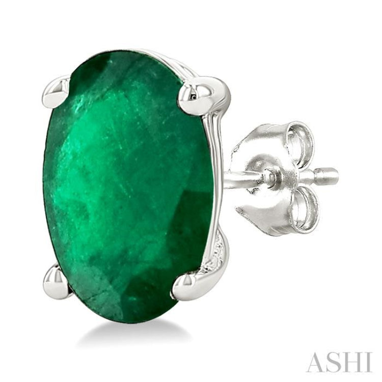 5X3 MM Oval Shape Emerald Precious Stud Earrings in 14K White Gold