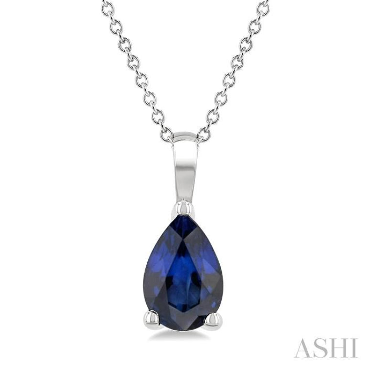 6X4 MM Pear Shape Sapphire Precious Solitaire Pendant With Chain in 14K White Gold