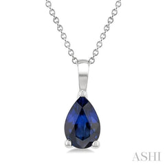6X4 MM Pear Shape Sapphire Precious Solitaire Pendant With Chain in 14K White Gold