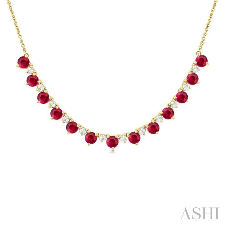 3.5 MM Round Shape Ruby and 1/2 Ctw Round Cut Diamond Precious Tennis Necklace in 14K Yellow Gold