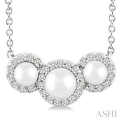1/8 Ctw Past, Present & Future 4MM & 3MM Cultured Pearl and Round Cut Diamond Halo Pendant With Chain in 14K White Gold