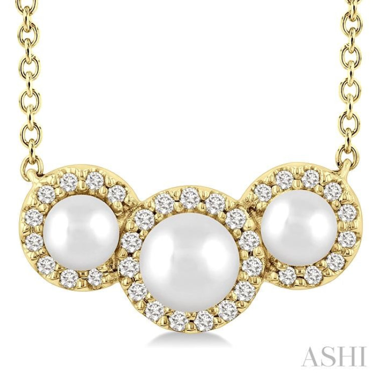 1/8 Ctw Past, Present & Future 4MM & 3MM Cultured Pearl and Round Cut Diamond Halo Pendant With Chain in 14K Yellow Gold