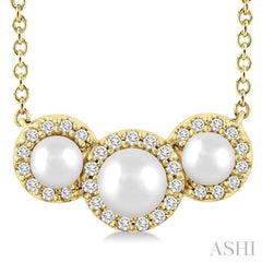 1/8 Ctw Past, Present & Future 4MM & 3MM Cultured Pearl and Round Cut Diamond Halo Pendant With Chain in 14K Yellow Gold