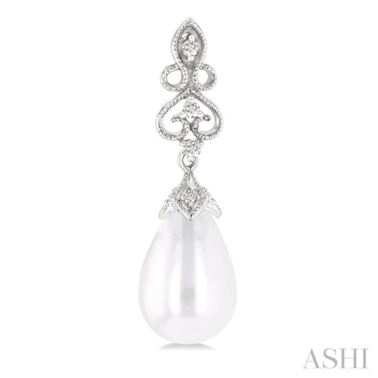 8X6 MM Cultured Pearl and 1/20 Ctw Round Cut Diamond Earrings in 10K White Gold