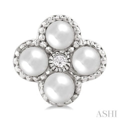 3 MM Clover Cultured Pearl and 1/50 Ctw Round Cut Diamond Fashion Earrings in 10K White Gold