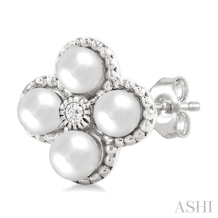 3 MM Clover Cultured Pearl and 1/50 Ctw Round Cut Diamond Fashion Earrings in 10K White Gold