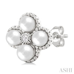3 MM Clover Cultured Pearl and 1/50 Ctw Round Cut Diamond Fashion Earrings in 10K White Gold