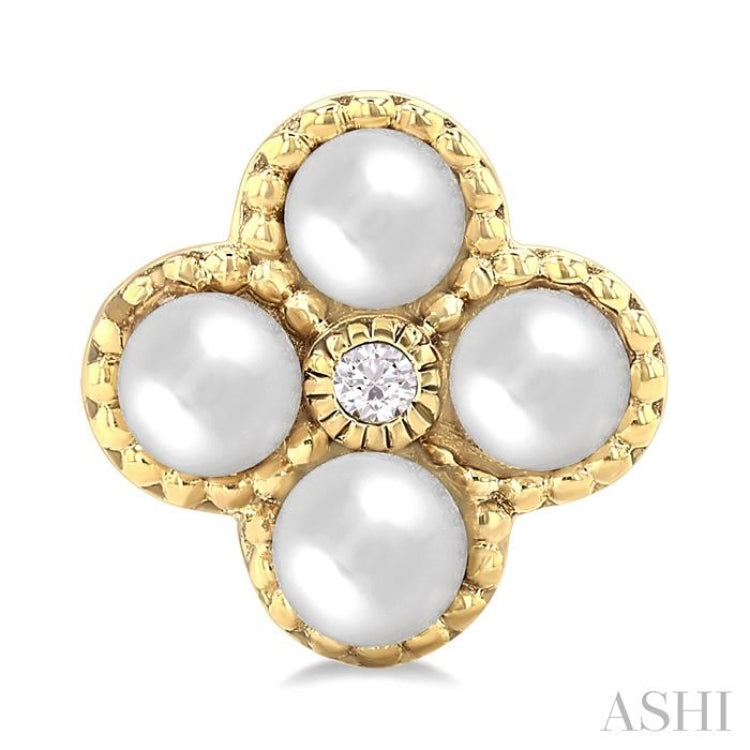3 MM Clover Cultured Pearl and 1/50 Ctw Round Cut Diamond Fashion Earrings in 10K Yellow Gold