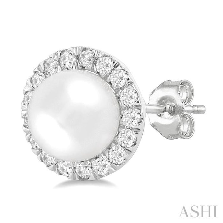 6 MM White Cultured Pearl and 1/4 Ctw Round Cut Diamond Halo Stud Earrings in 14K White Gold