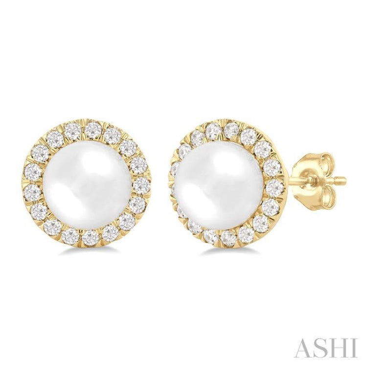 6 MM White Cultured Pearl and 1/4 Ctw Round Cut Diamond Halo Stud Earrings in 14K Yellow Gold
